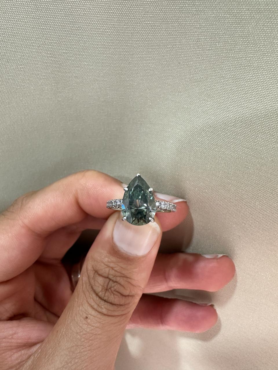 Pear Cut Alexandrite Moissanite Engagement Ring | 14K White Gold Color Changing Bridal Ring