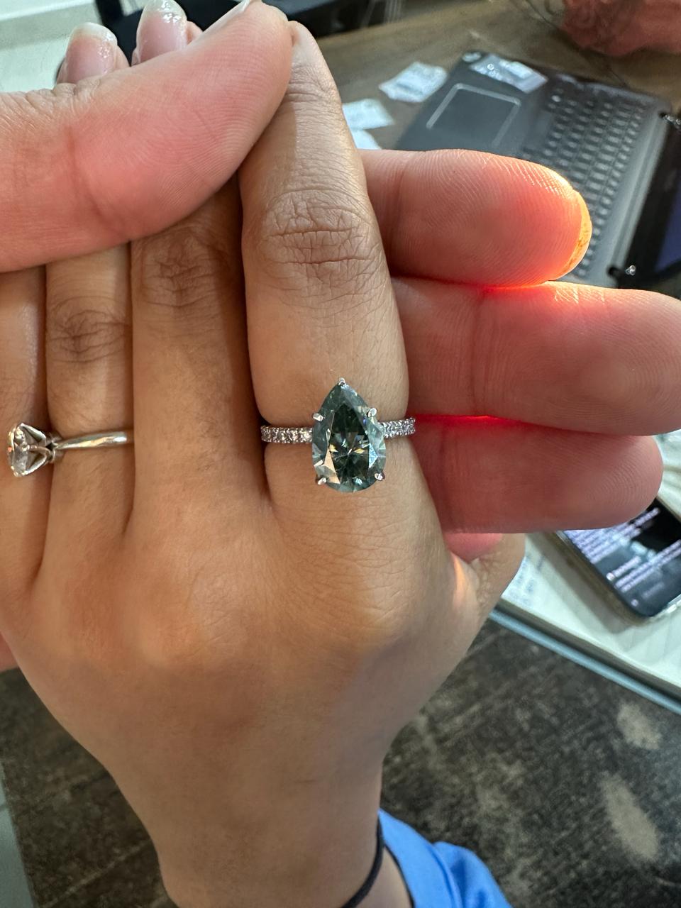Pear Cut Alexandrite Moissanite Engagement Ring | 14K White Gold Color Changing Bridal Ring