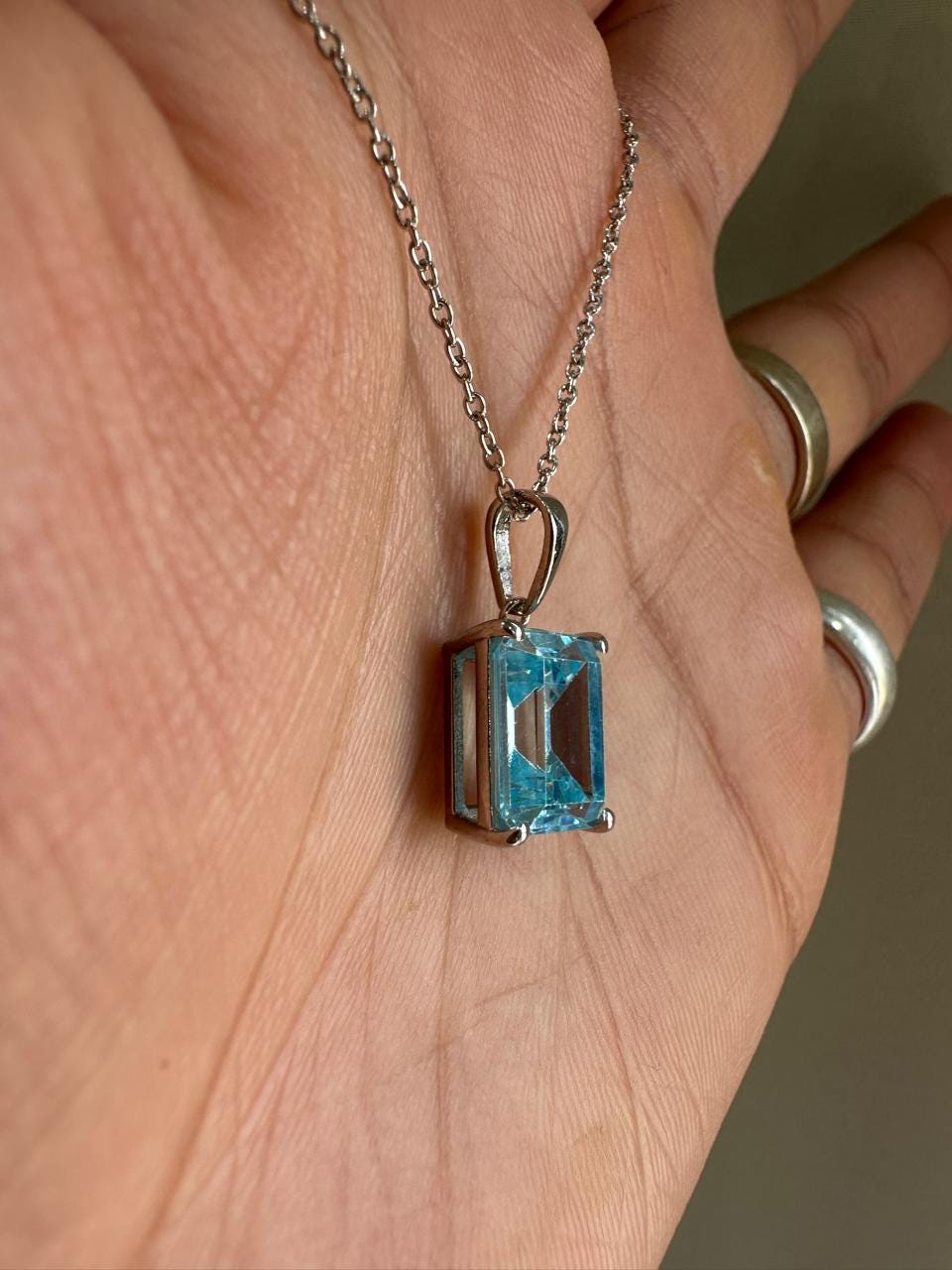 5CT Emerald Cut Aquamarine Pendant | 14K White Gold Necklace, March Birthstone