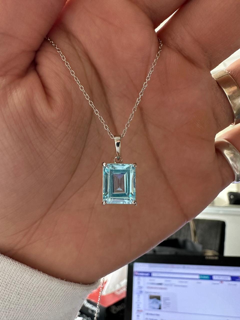 5CT Emerald Cut Aquamarine Pendant | 14K White Gold Necklace, March Birthstone