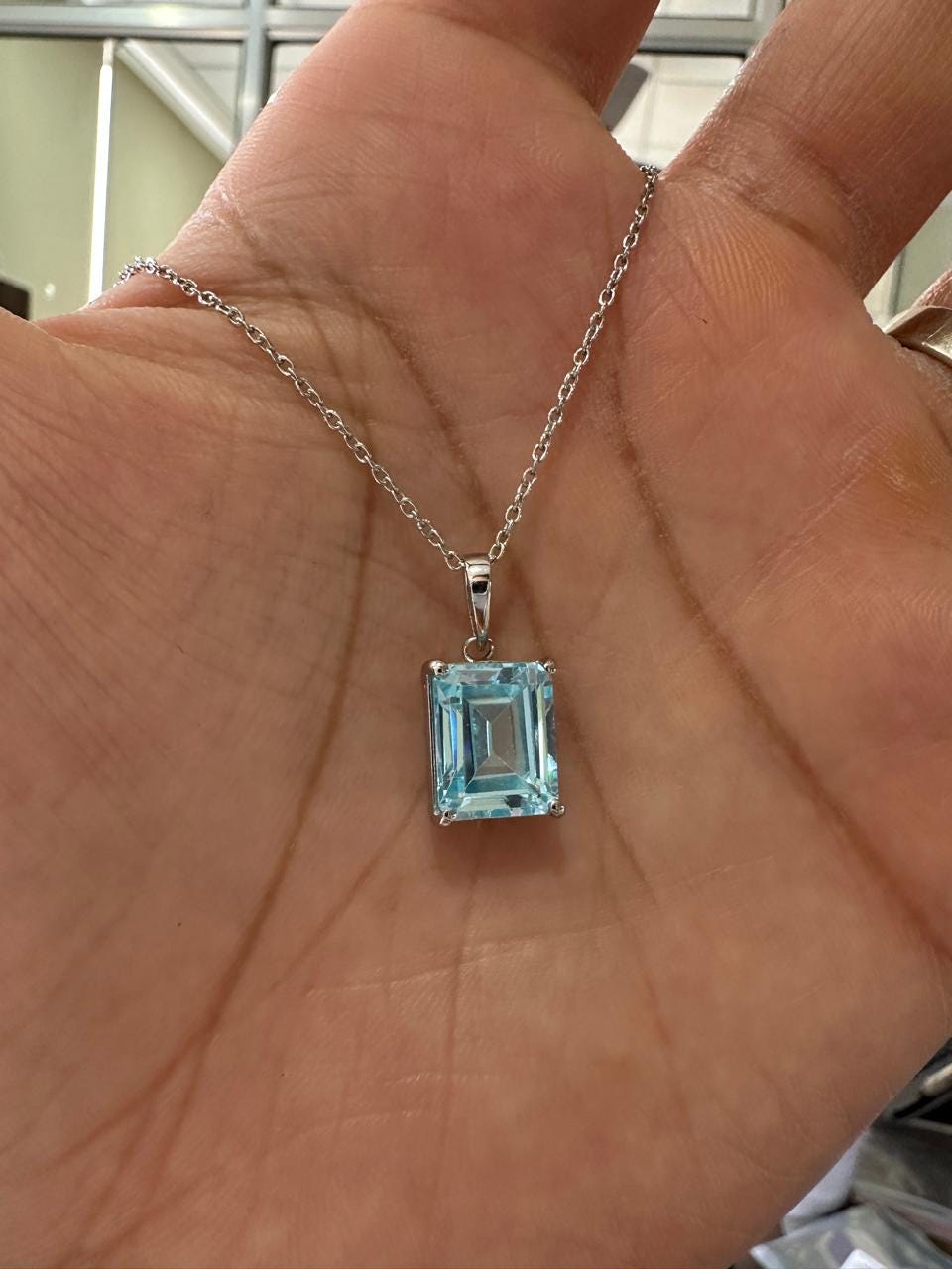 5CT Emerald Cut Aquamarine Pendant | 14K White Gold Necklace, March Birthstone