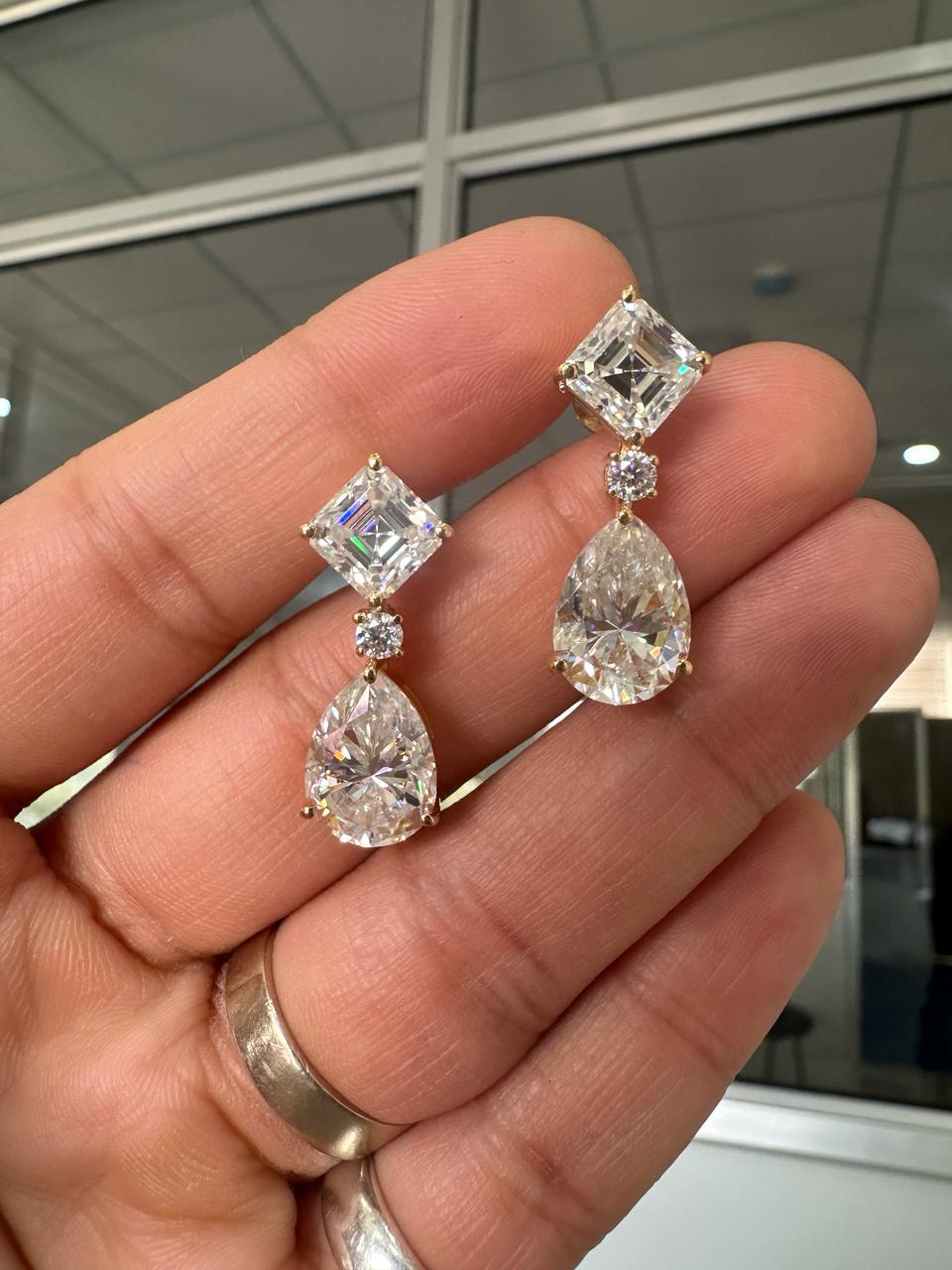 9k Moissanite Drop Earrings: Asscher & Pear Cut, Bridal Jewelry, Cocktail Earrings