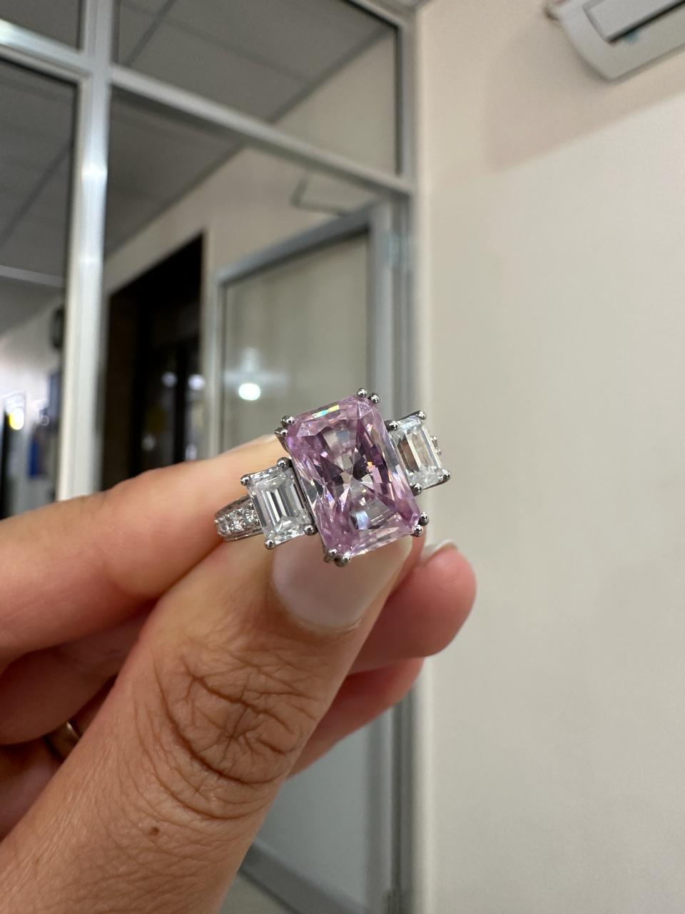 Radiant Lavender Moissanite Engagement Ring | 5 Carat Three Stone 10K White Gold Ring