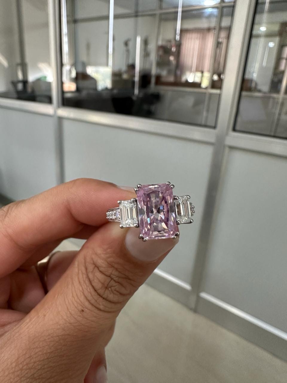 Radiant Lavender Moissanite Engagement Ring | 5 Carat Three Stone 10K White Gold Ring