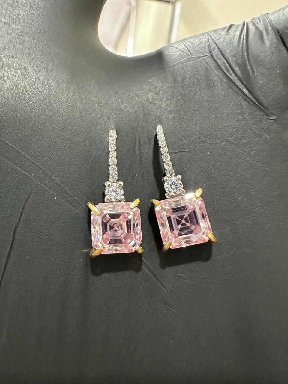 5 Ct Pink Asscher Cut Moissanite Drop Earrings, 14K White Gold, Anniversary Gift
