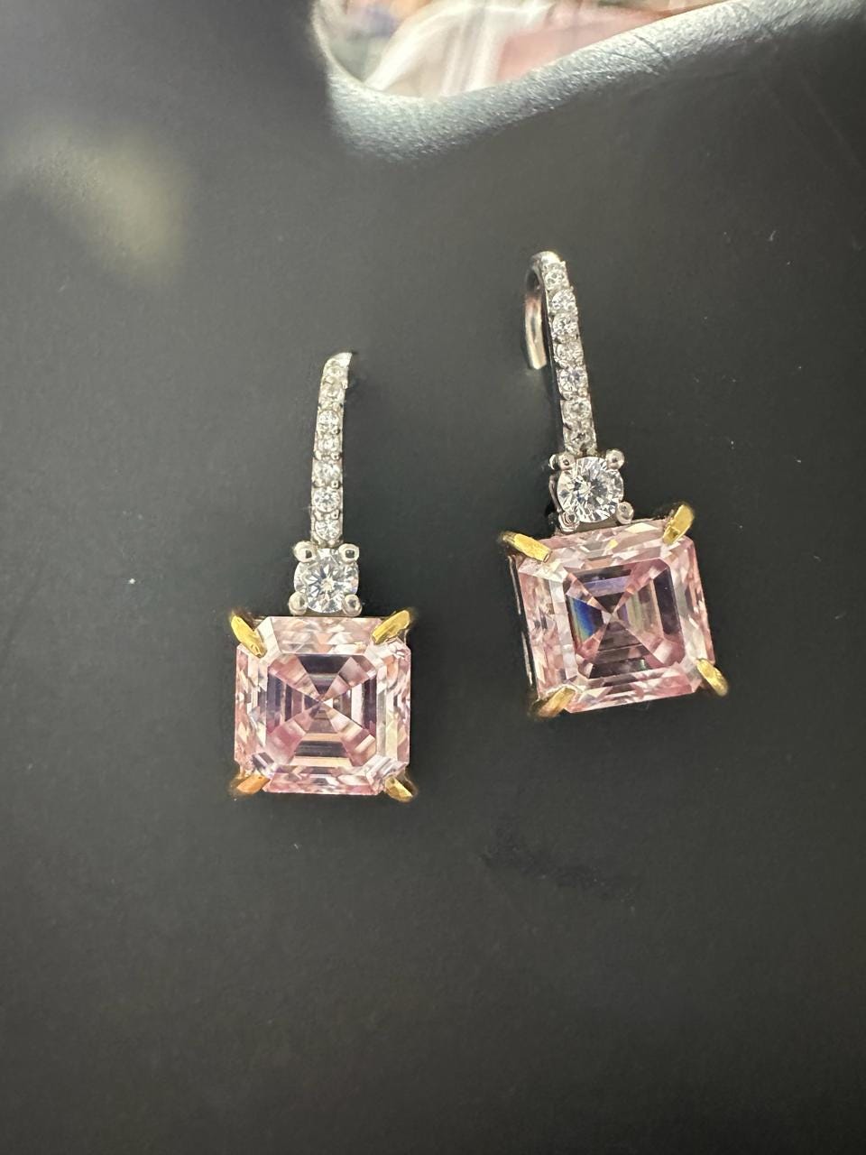 5 Ct Pink Asscher Cut Moissanite Drop Earrings, 14K White Gold, Anniversary Gift