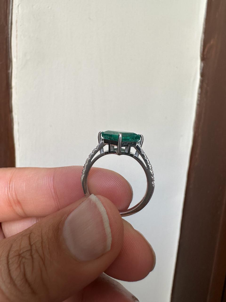 Princess Cut Emerald Engagement Ring | 14K White Gold, Moissanite Pavé