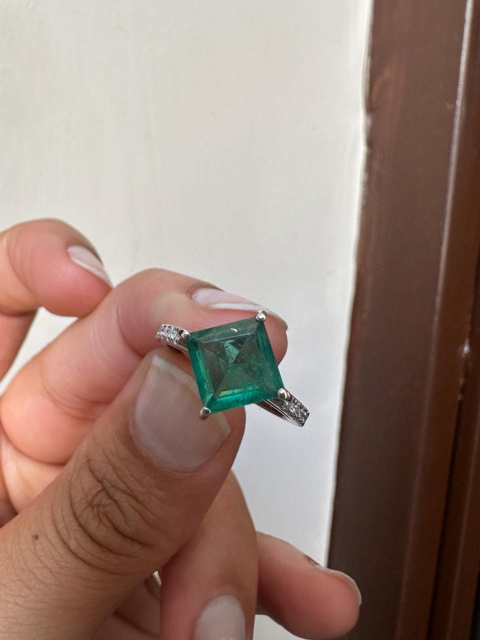 Princess Cut Emerald Engagement Ring | 14K White Gold, Moissanite Pavé