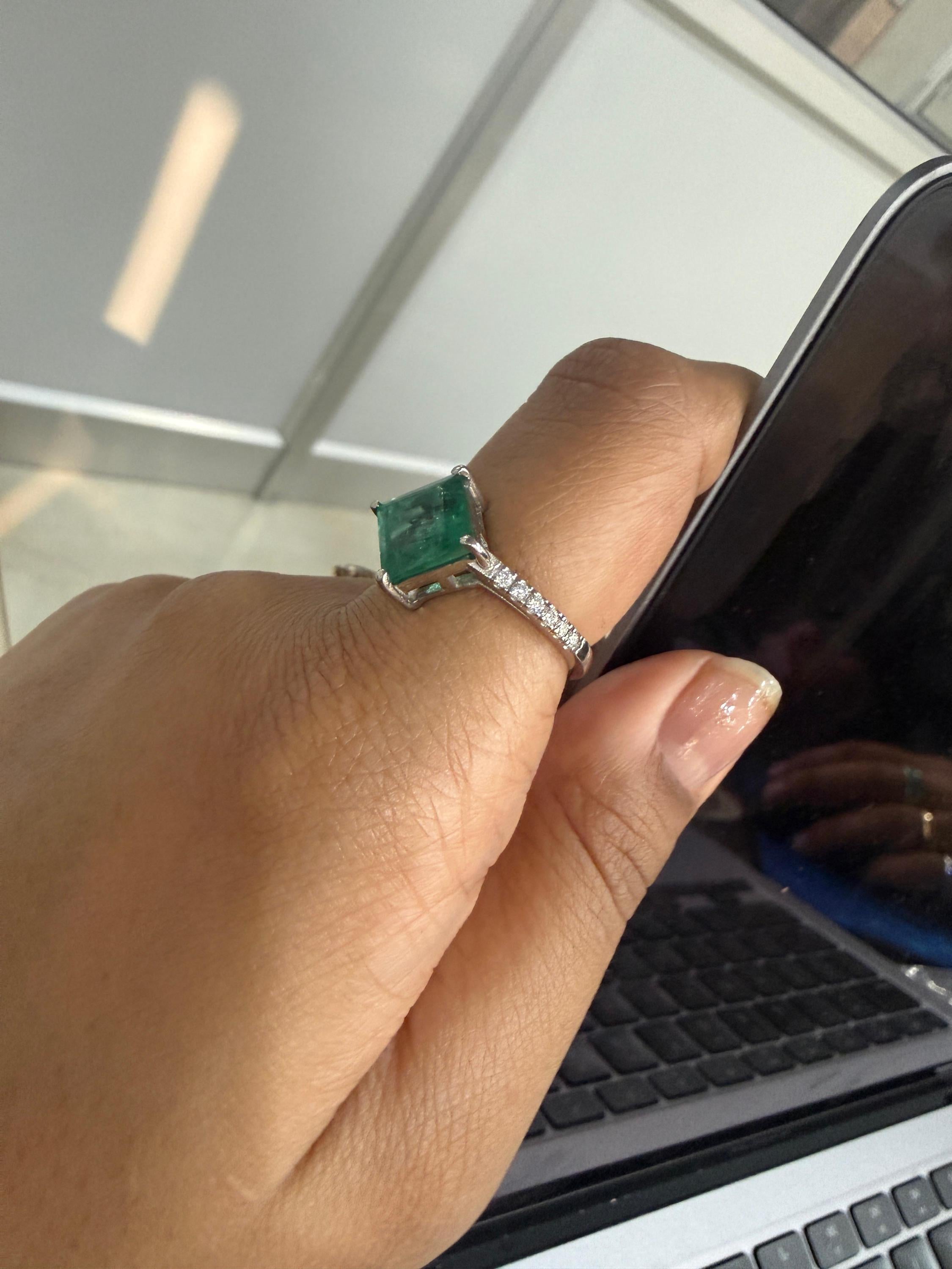Princess Cut Emerald Engagement Ring | 14K White Gold, Moissanite Pavé