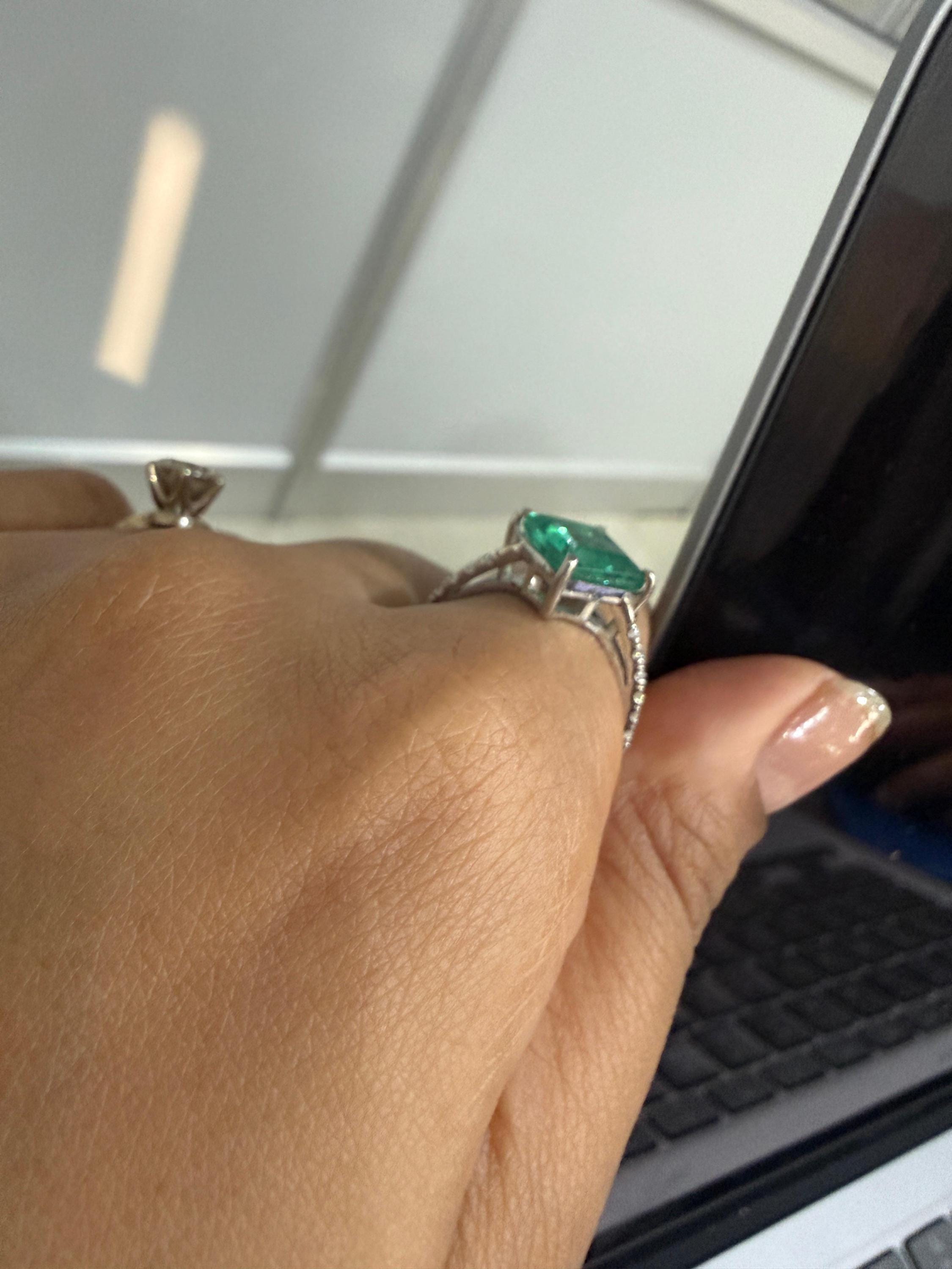 Princess Cut Emerald Engagement Ring | 14K White Gold, Moissanite Pavé