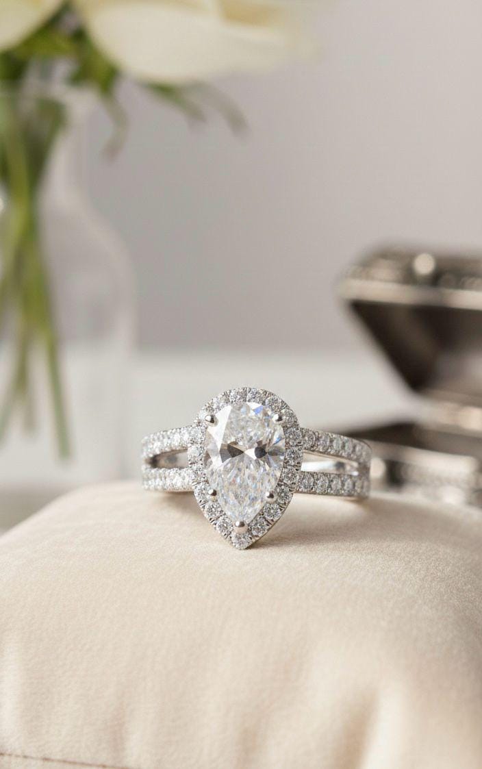 Pear Moissanite Halo Engagement Ring | 14K White Gold, 925 Sterling Silver