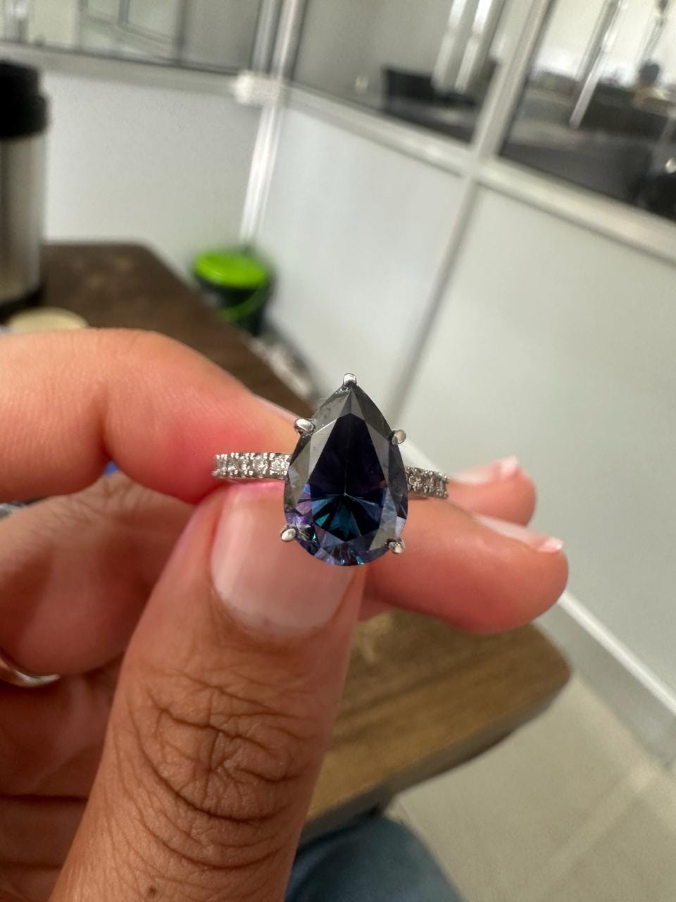 3 CT Pear Cut Blue Moissanite Engagement Ring | 14K White Gold Pavé Band