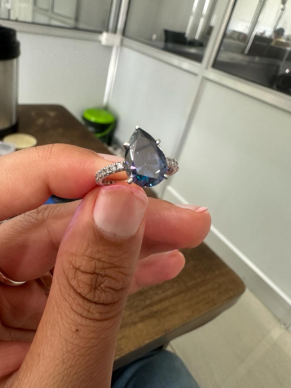 3 CT Pear Cut Blue Moissanite Engagement Ring | 14K White Gold Pavé Band