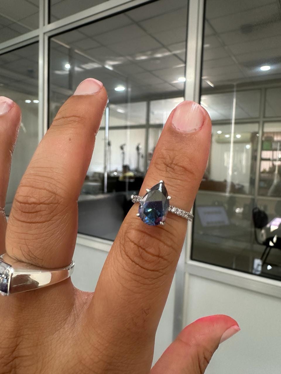 3 CT Pear Cut Blue Moissanite Engagement Ring | 14K White Gold Pavé Band