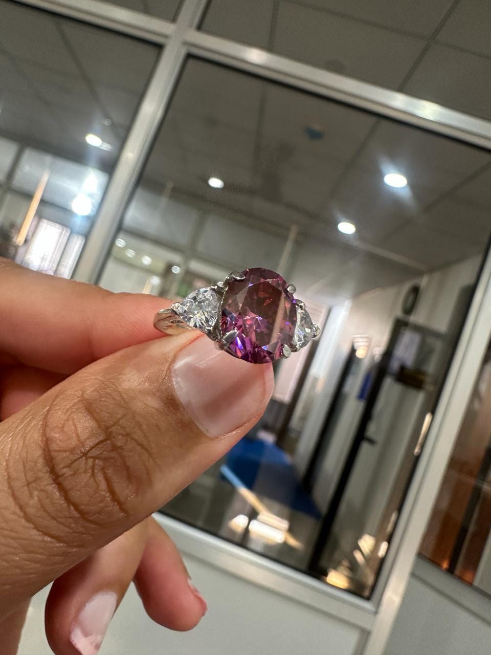 Raspberry Pink Oval Moissanite Engagement Ring, 14K White Gold Three Stone Ring