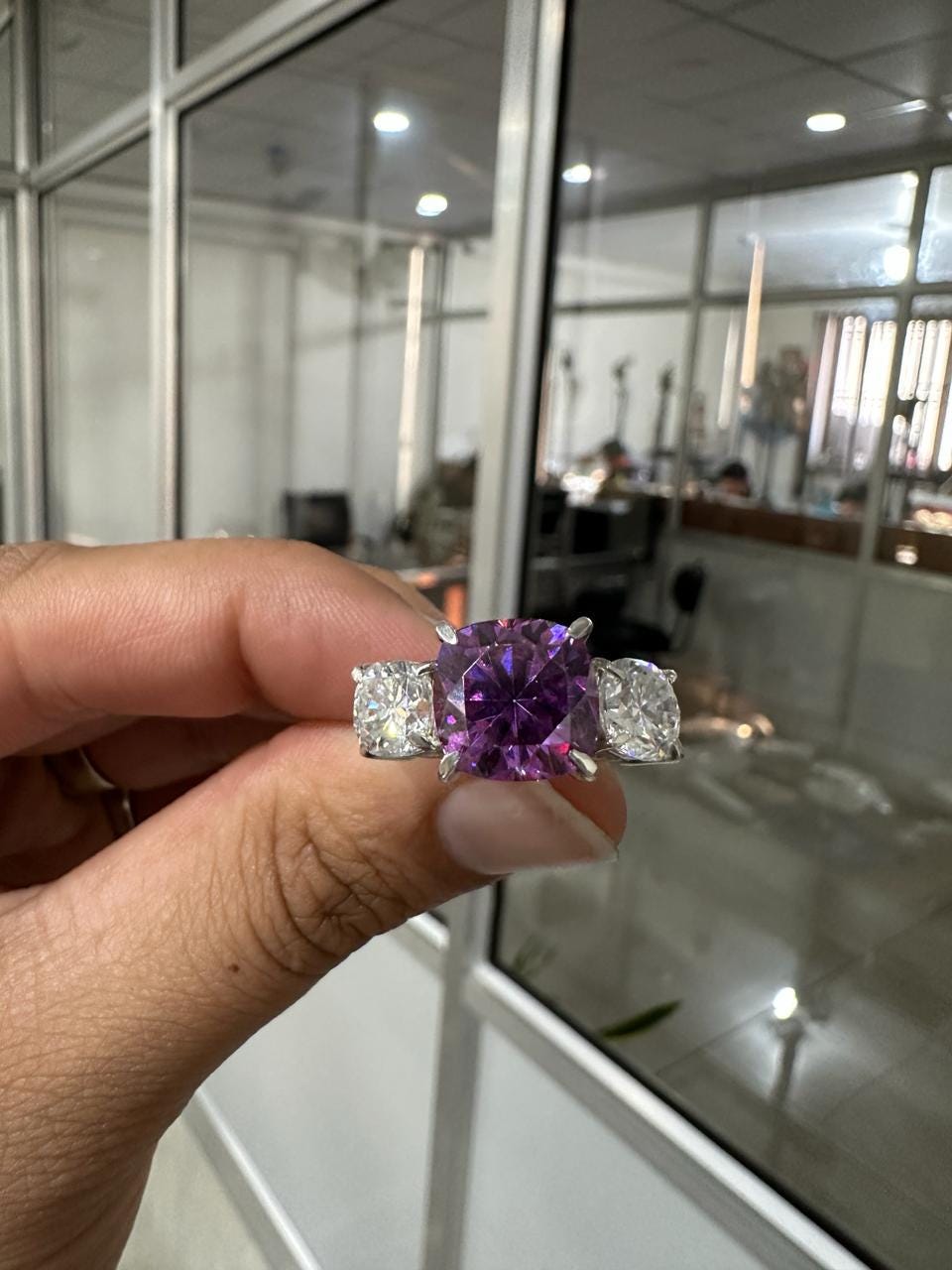 Purple Cushion Moissanite Engagement Ring | 14k Gold | Modern Wedding Three-Stone Ring