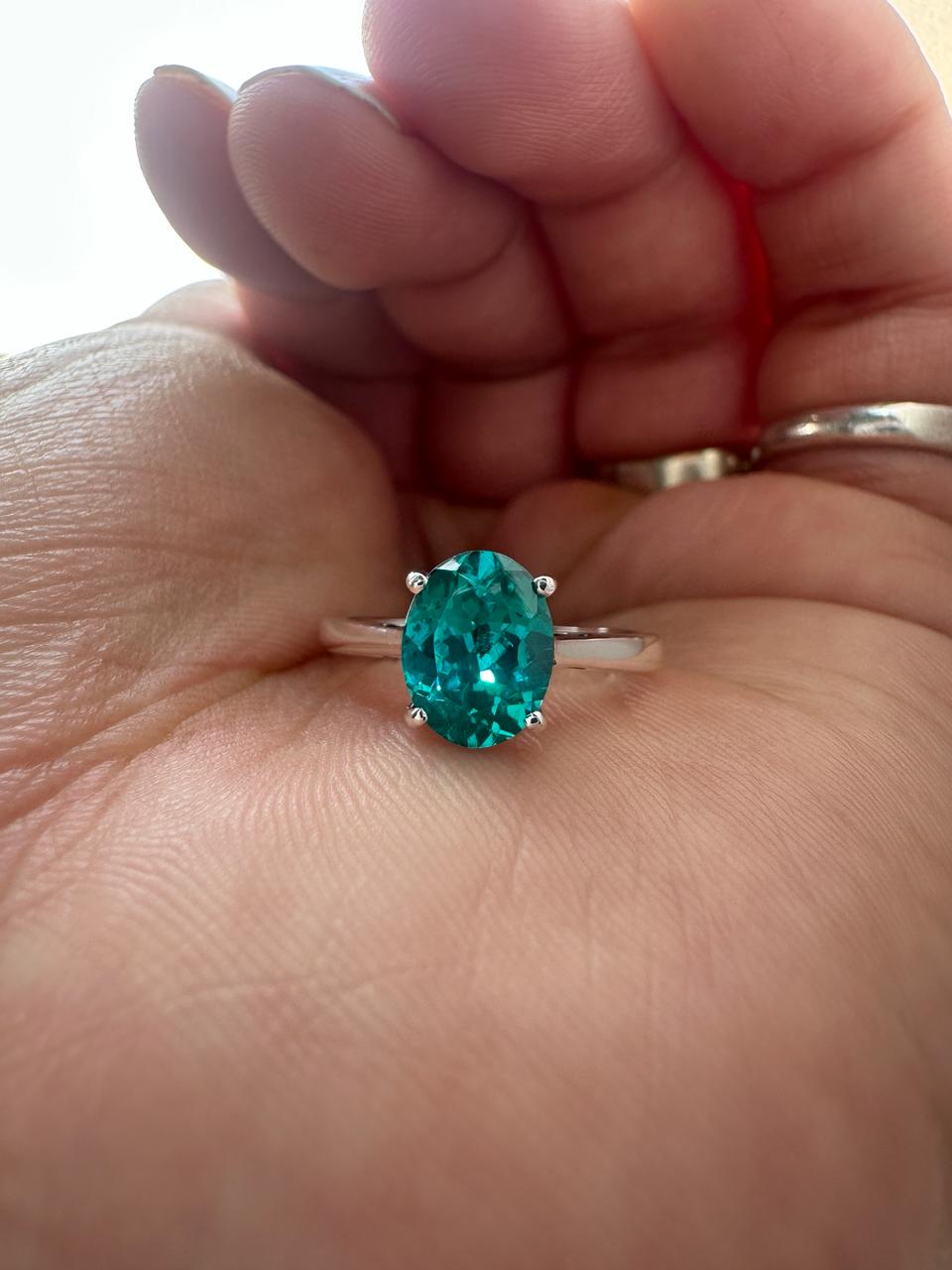 Lab Grown Paraiba Tourmaline Ring | 14K White Gold Oval Solitaire Ocean Blue Gemstone