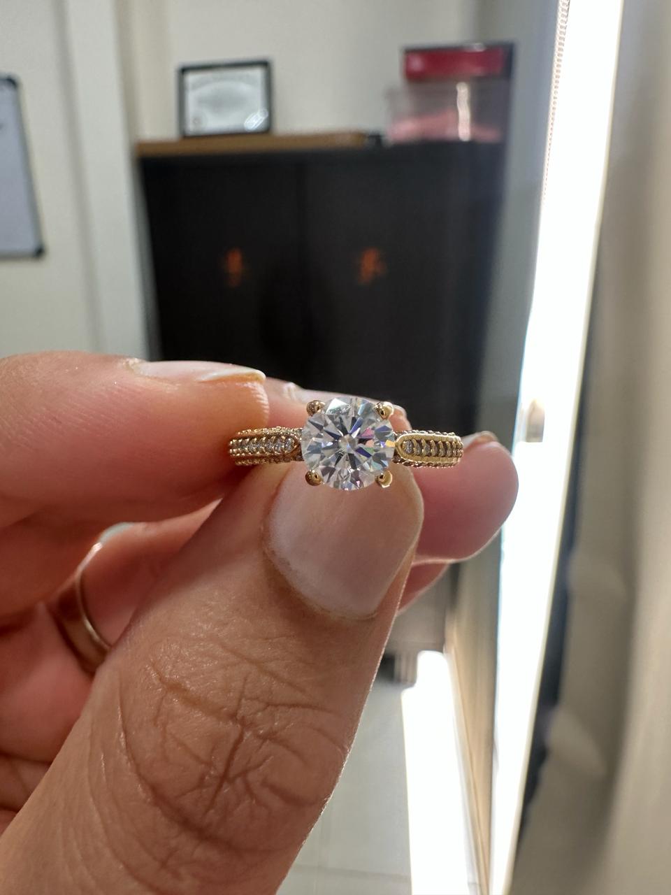 1 CT Round Lab Diamond Engagement Ring, 14K Yellow Gold, IGI Certified Pavé Band