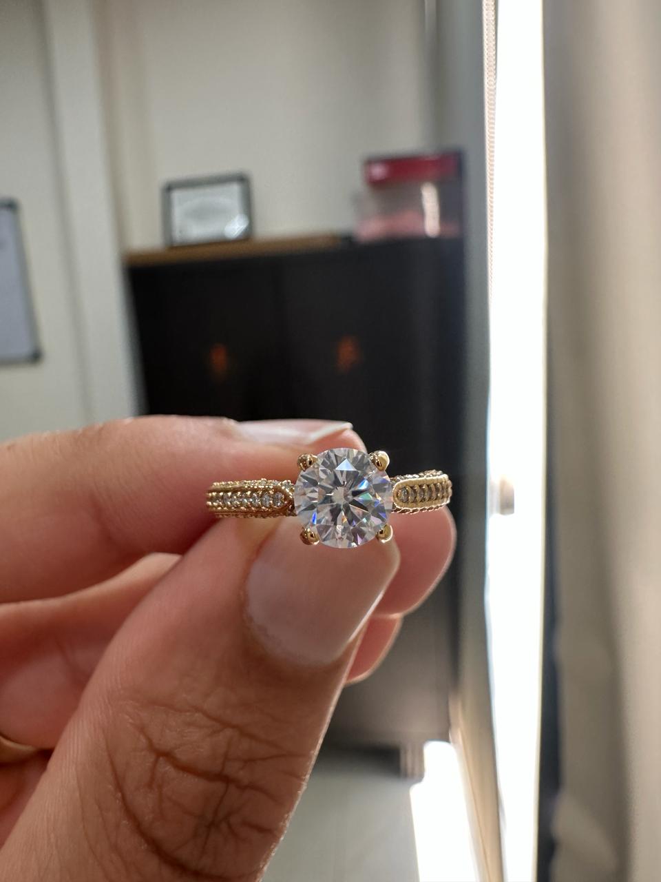 1 CT Round Lab Diamond Engagement Ring, 14K Yellow Gold, IGI Certified Pavé Band