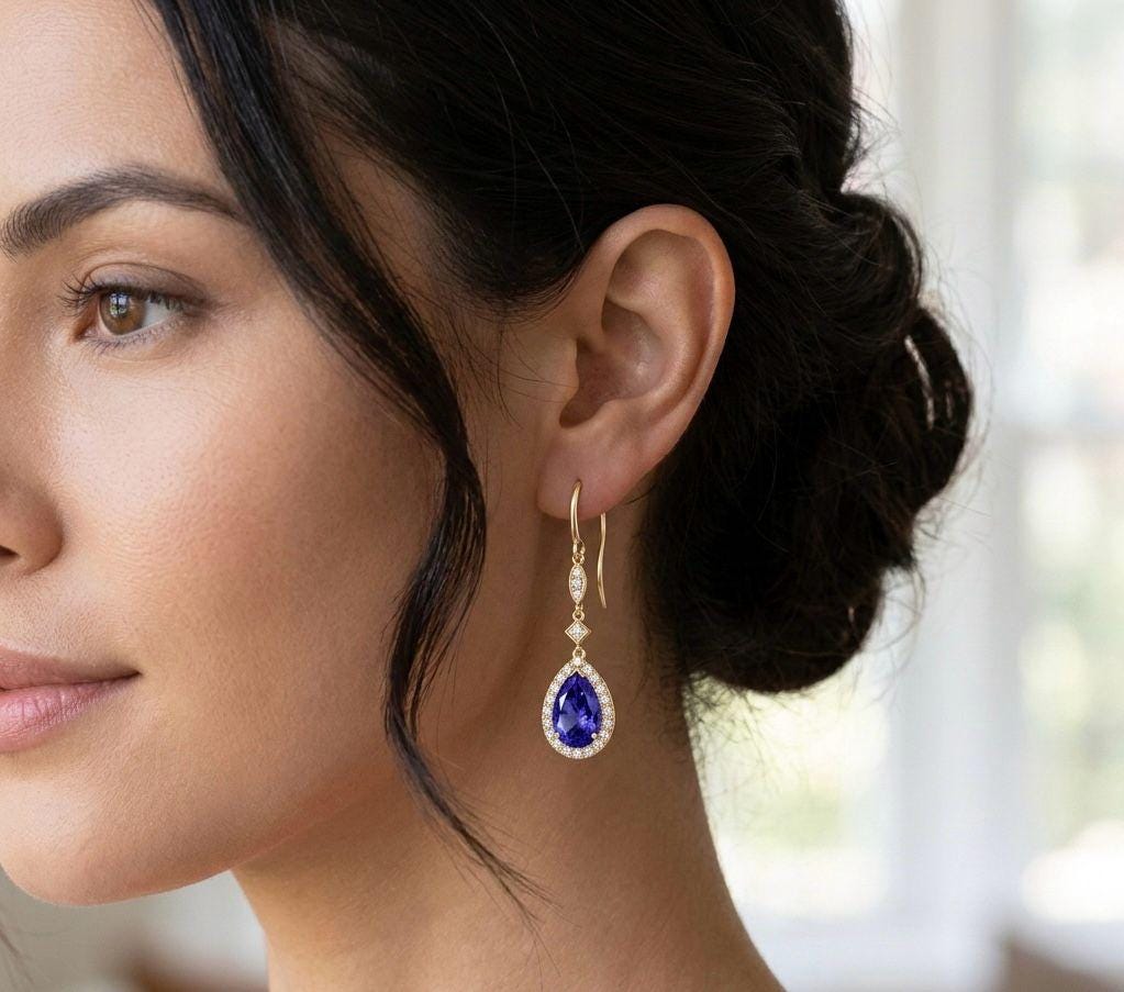 Pear Tanzanite Drop Earrings 14K Yellow Gold with Lab Diamonds 2.5 CT