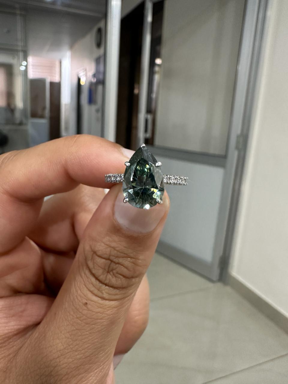 Pear Cut Alexandrite Moissanite Engagement Ring | 14K White Gold Color Changing Bridal Ring