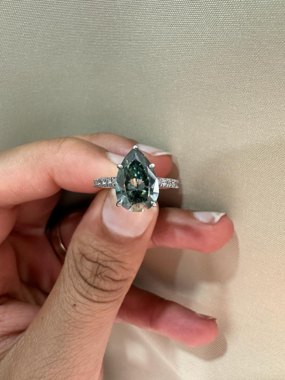 Pear Cut Alexandrite Moissanite Engagement Ring | 14K White Gold Color Changing Bridal Ring