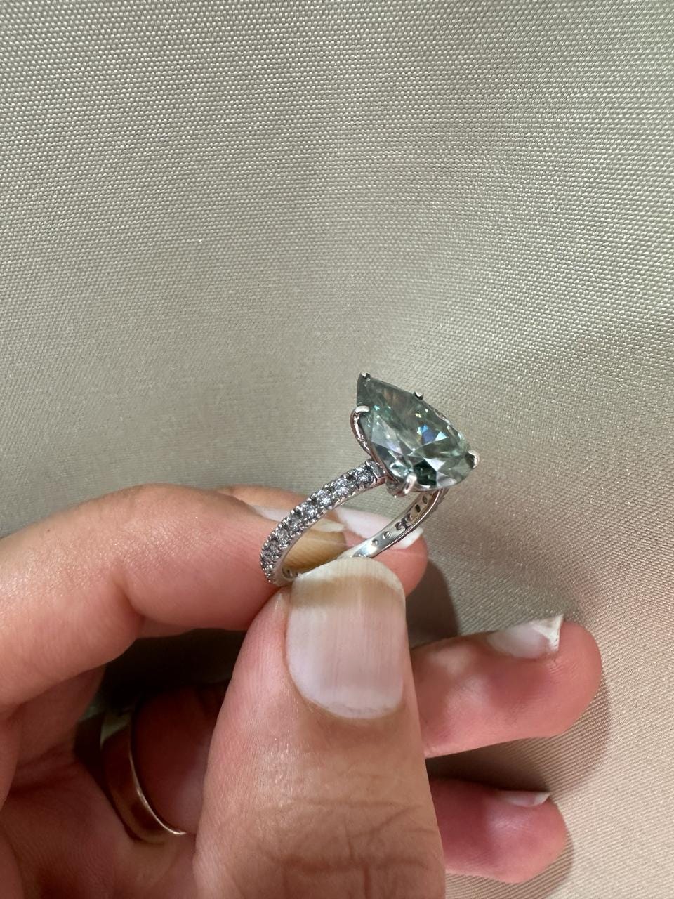 Pear Cut Alexandrite Moissanite Engagement Ring | 14K White Gold Color Changing Bridal Ring