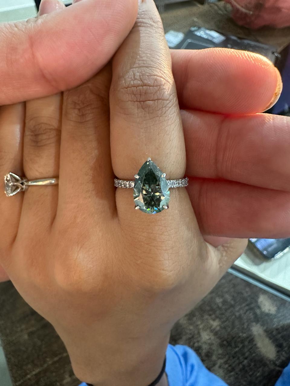 Pear Cut Alexandrite Moissanite Engagement Ring | 14K White Gold Color Changing Bridal Ring