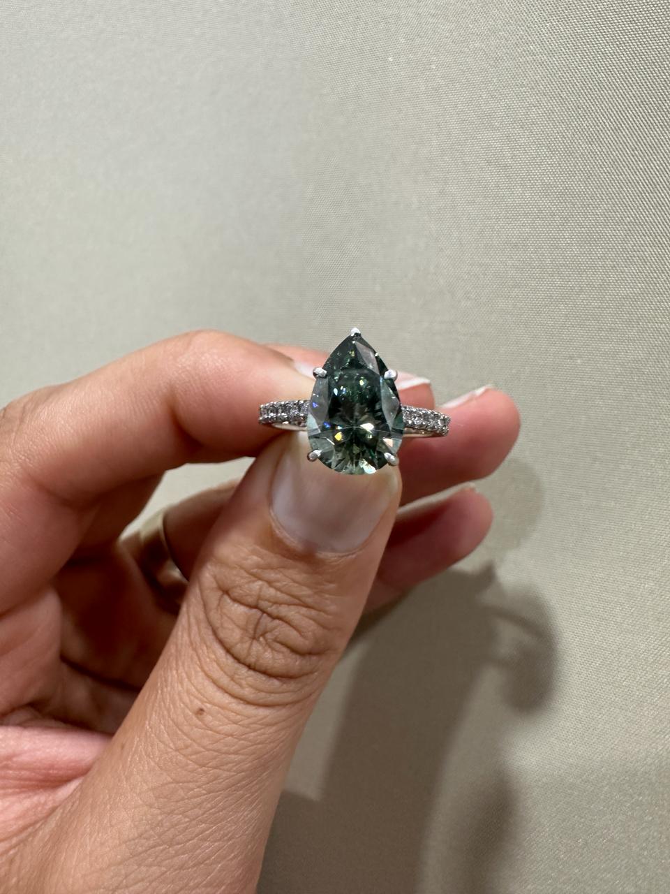 Pear Cut Alexandrite Moissanite Engagement Ring | 14K White Gold Color Changing Bridal Ring