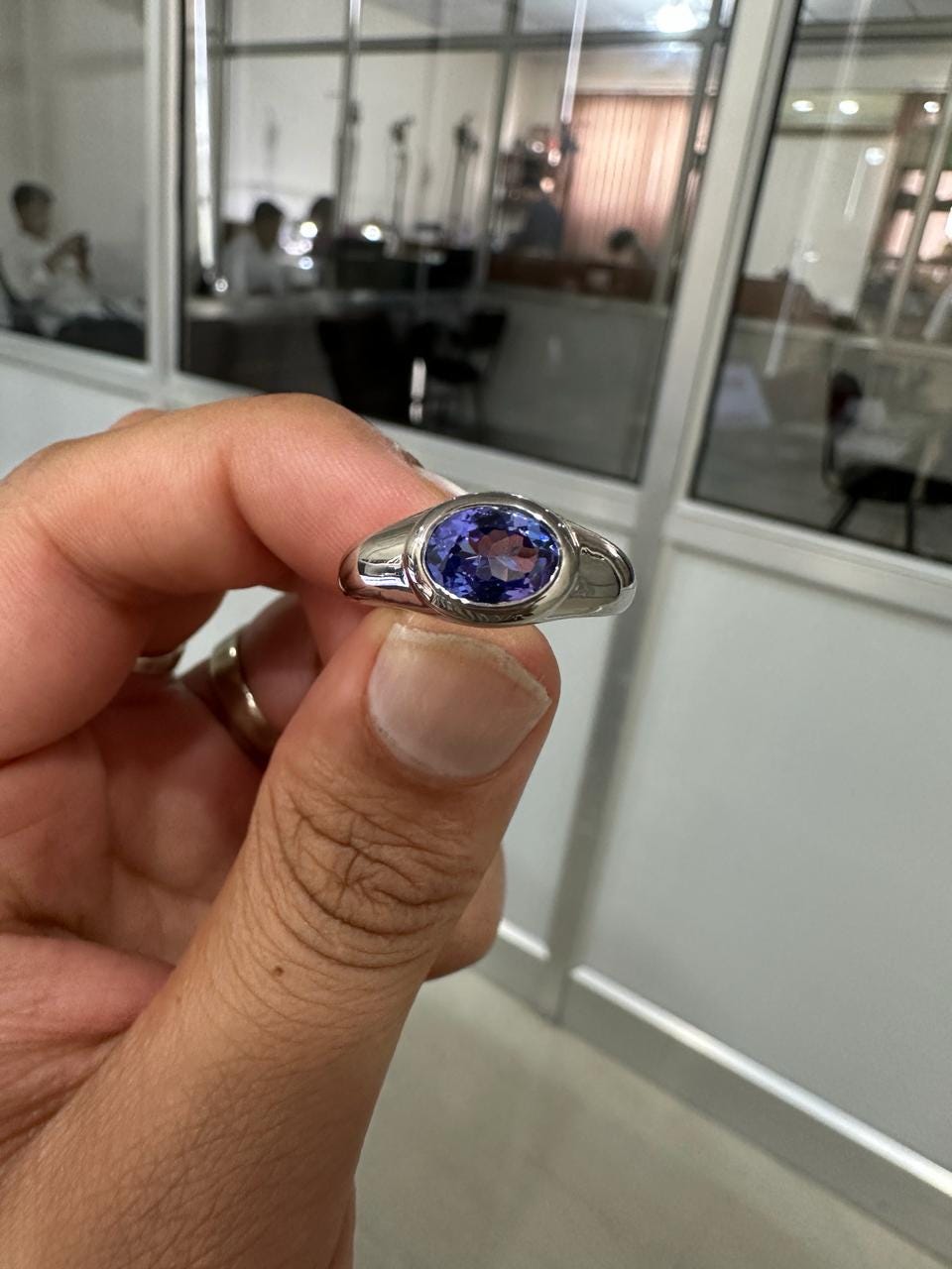 14K White Gold Tanzanite Dome Ring, Oval Blue Purple Gemstone, Modern Men's Band