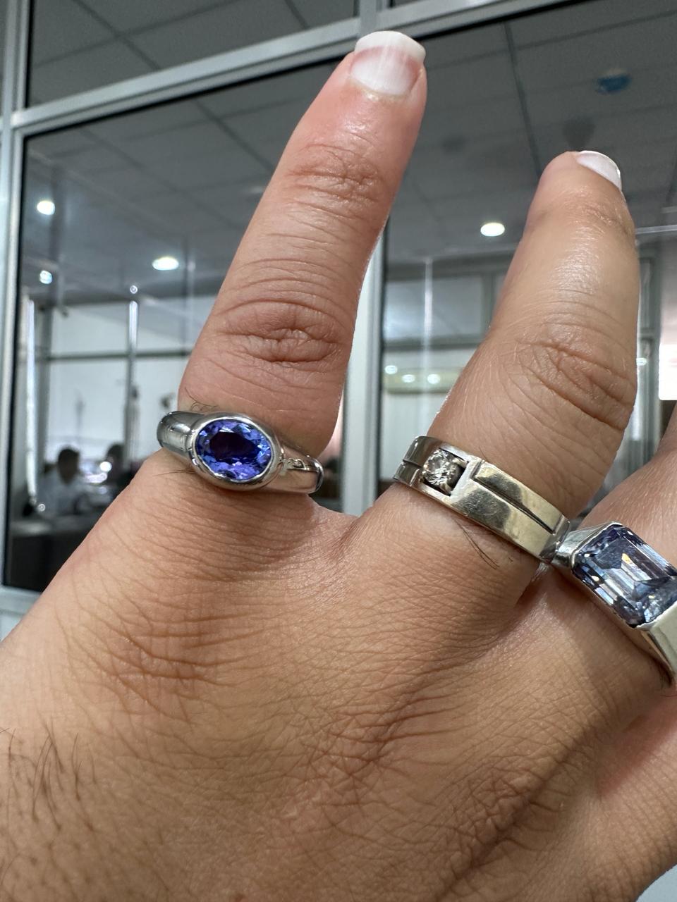 14K White Gold Tanzanite Dome Ring, Oval Blue Purple Gemstone, Modern Men's Band
