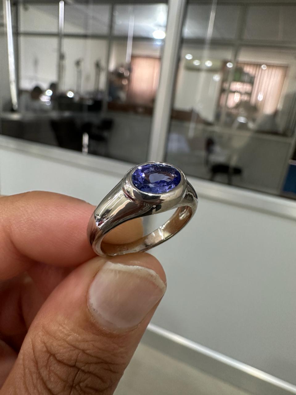 14K White Gold Tanzanite Dome Ring, Oval Blue Purple Gemstone, Modern Men's Band