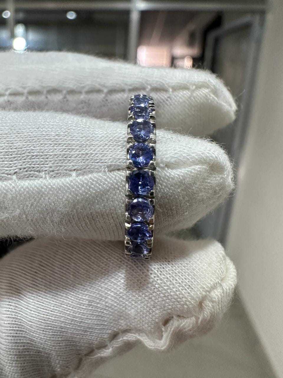 14k White Gold Tanzanite Eternity Band, Blue Purple Gemstone Wedding Ring