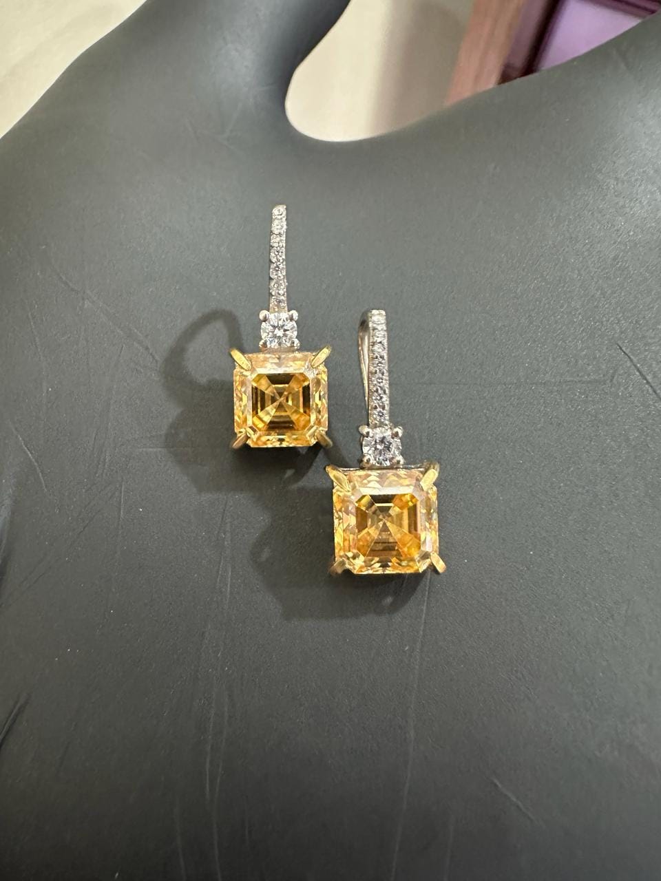 5CT Asscher Yellow Diamond Earrings | 14K White Gold Dangle Drop Earrings for her