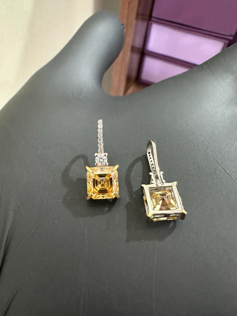 5CT Asscher Yellow Diamond Earrings | 14K White Gold Dangle Drop Earrings for her