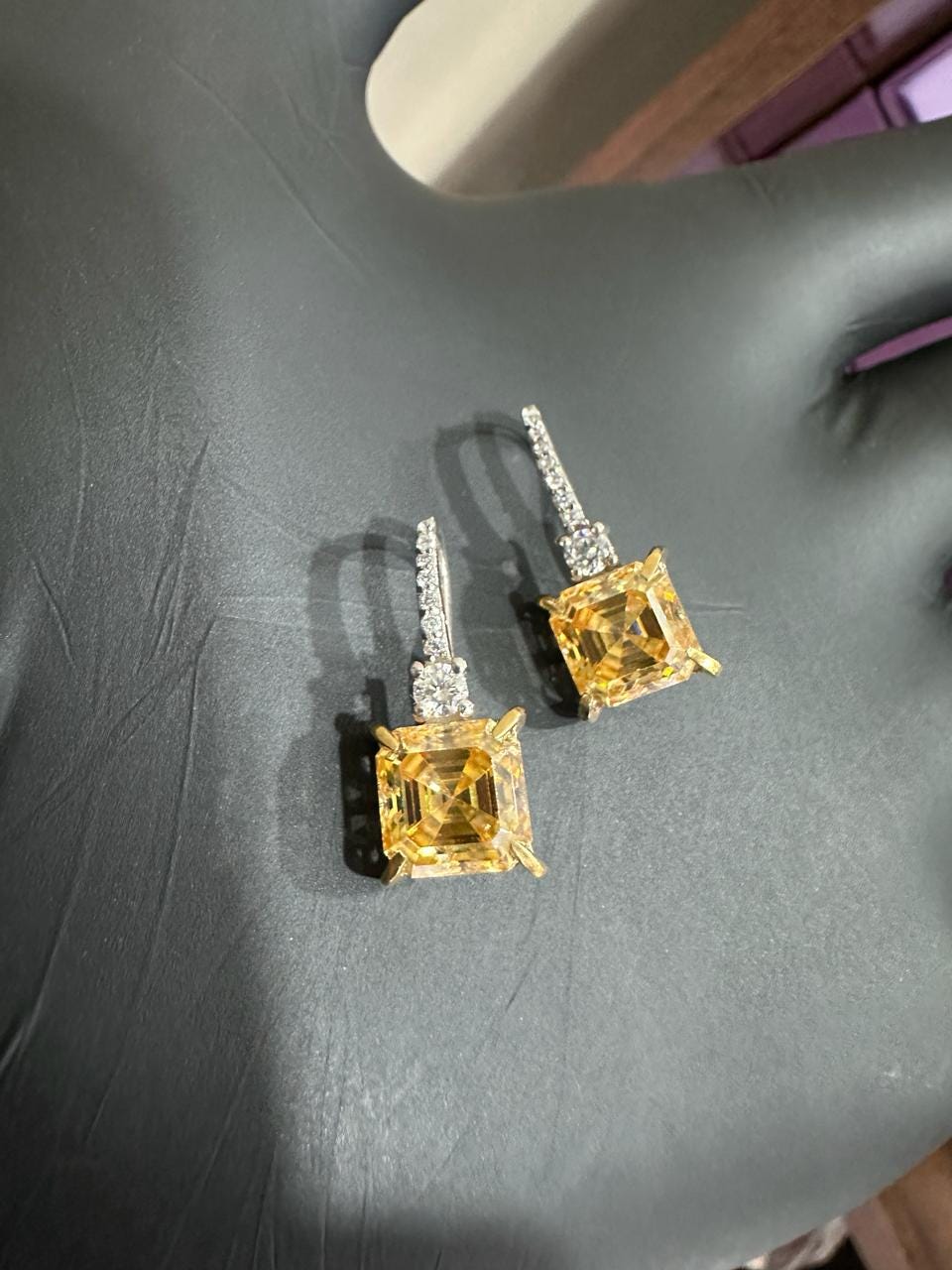 5CT Asscher Yellow Diamond Earrings | 14K White Gold Dangle Drop Earrings for her