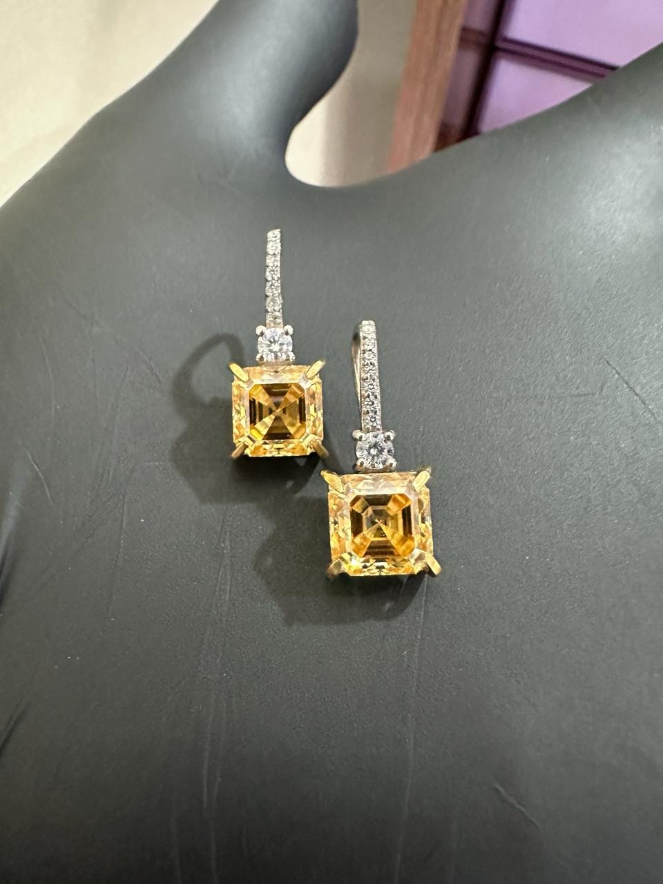 5CT Asscher Yellow Diamond Earrings | 14K White Gold Dangle Drop Earrings for her