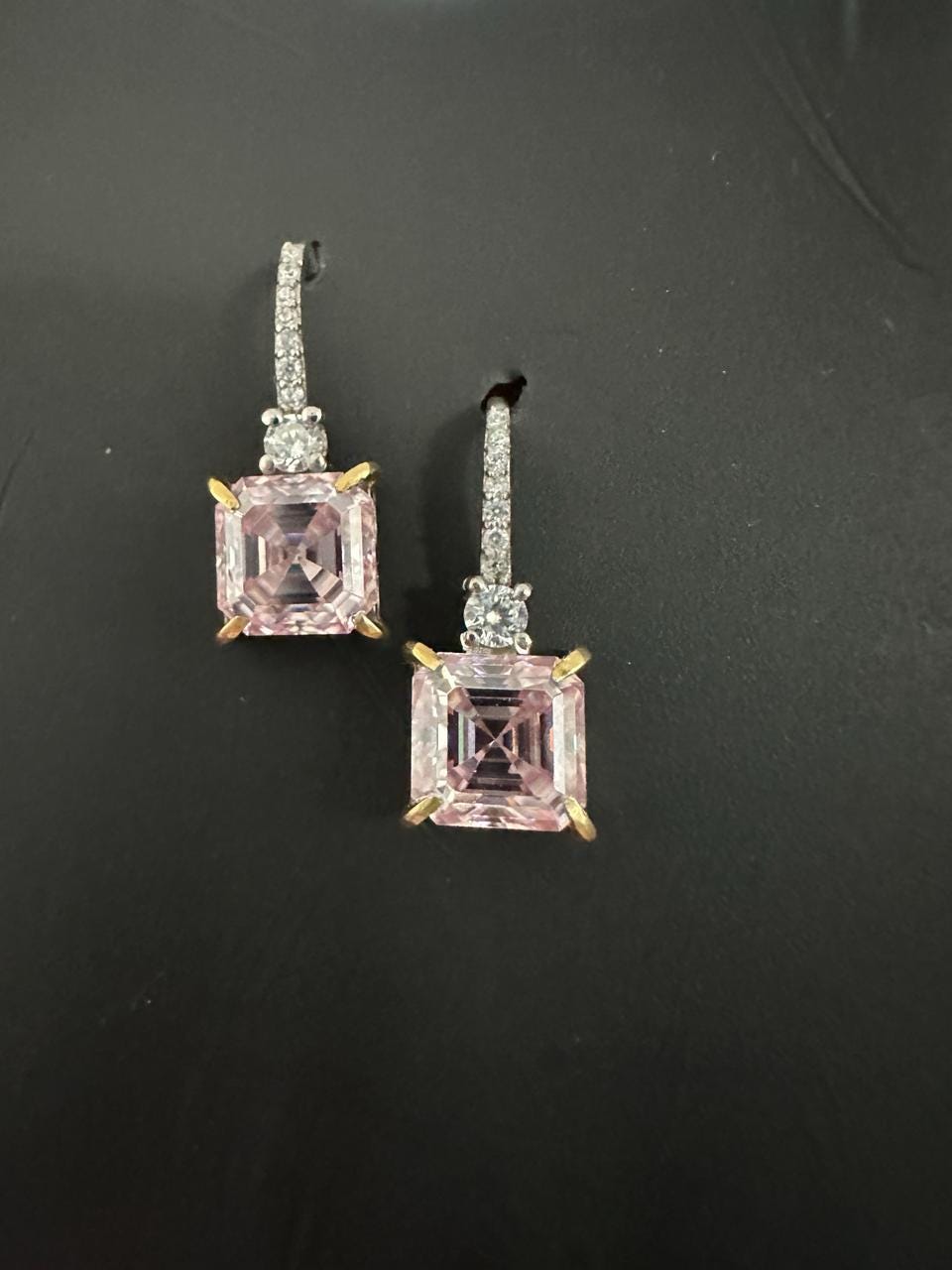 5 Ct Pink Asscher Cut Moissanite Drop Earrings, 14K White Gold, Anniversary Gift