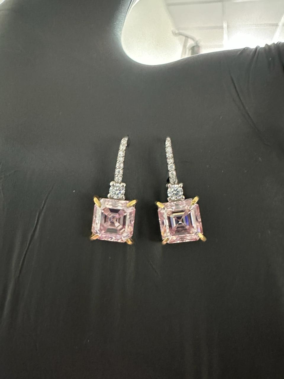 5 Ct Pink Asscher Cut Moissanite Drop Earrings, 14K White Gold, Anniversary Gift