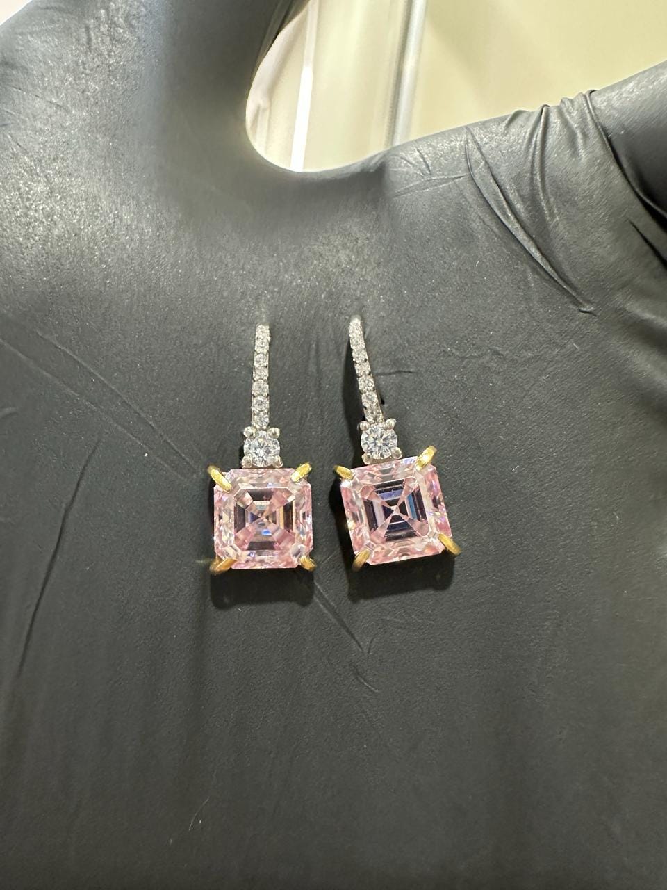 5 Ct Pink Asscher Cut Moissanite Drop Earrings, 14K White Gold, Anniversary Gift