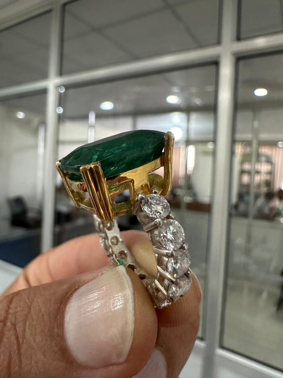 15 CT Lab Emerald Cushion Cut Ring | 14K Solid Gold Moissanite Eternity Band