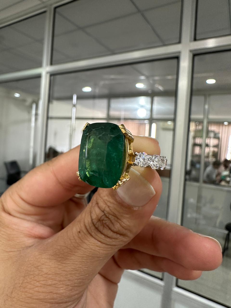 15 CT Lab Emerald Cushion Cut Ring | 14K Solid Gold Moissanite Eternity Band