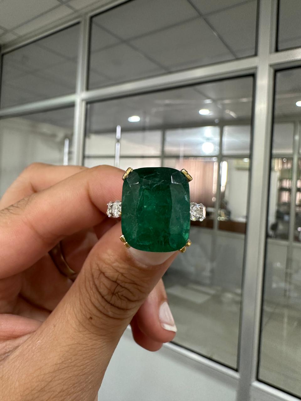 15 CT Lab Emerald Cushion Cut Ring | 14K Solid Gold Moissanite Eternity Band