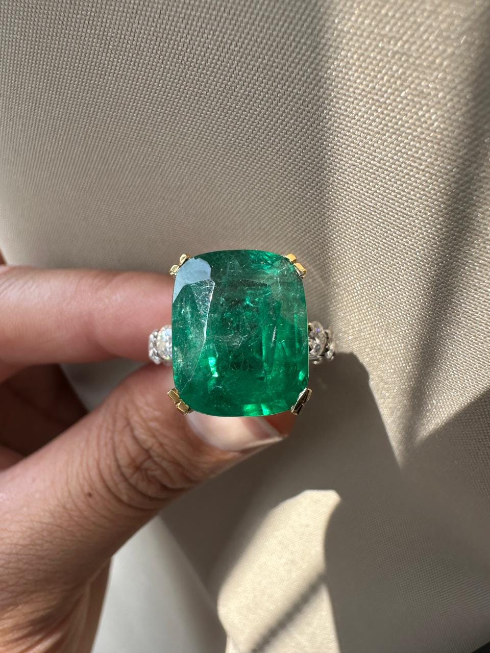 15 CT Lab Emerald Cushion Cut Ring | 14K Solid Gold Moissanite Eternity Band