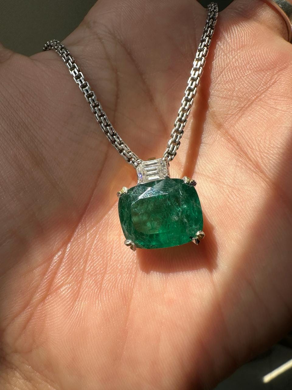 15 CT Emerald Pendant Necklace | 14K Gold Cushion Cut Moissanite Statement Jewelry