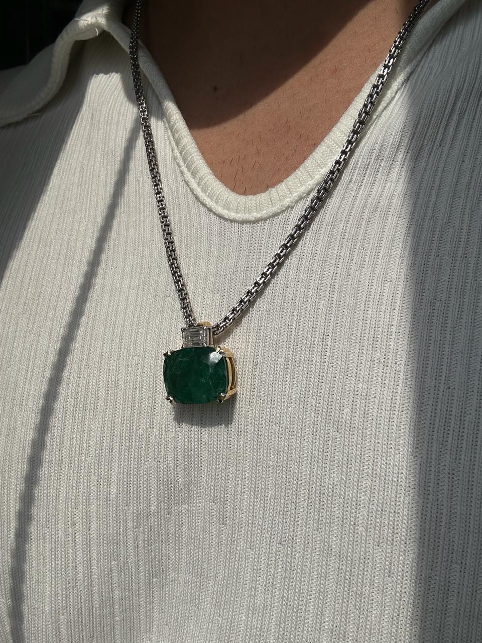 15 CT Emerald Pendant Necklace | 14K Gold Cushion Cut Moissanite Statement Jewelry