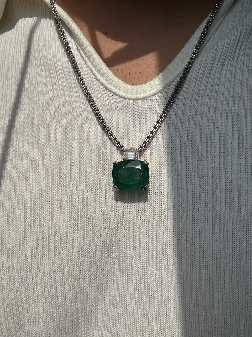15 CT Emerald Pendant Necklace | 14K Gold Cushion Cut Moissanite Statement Jewelry