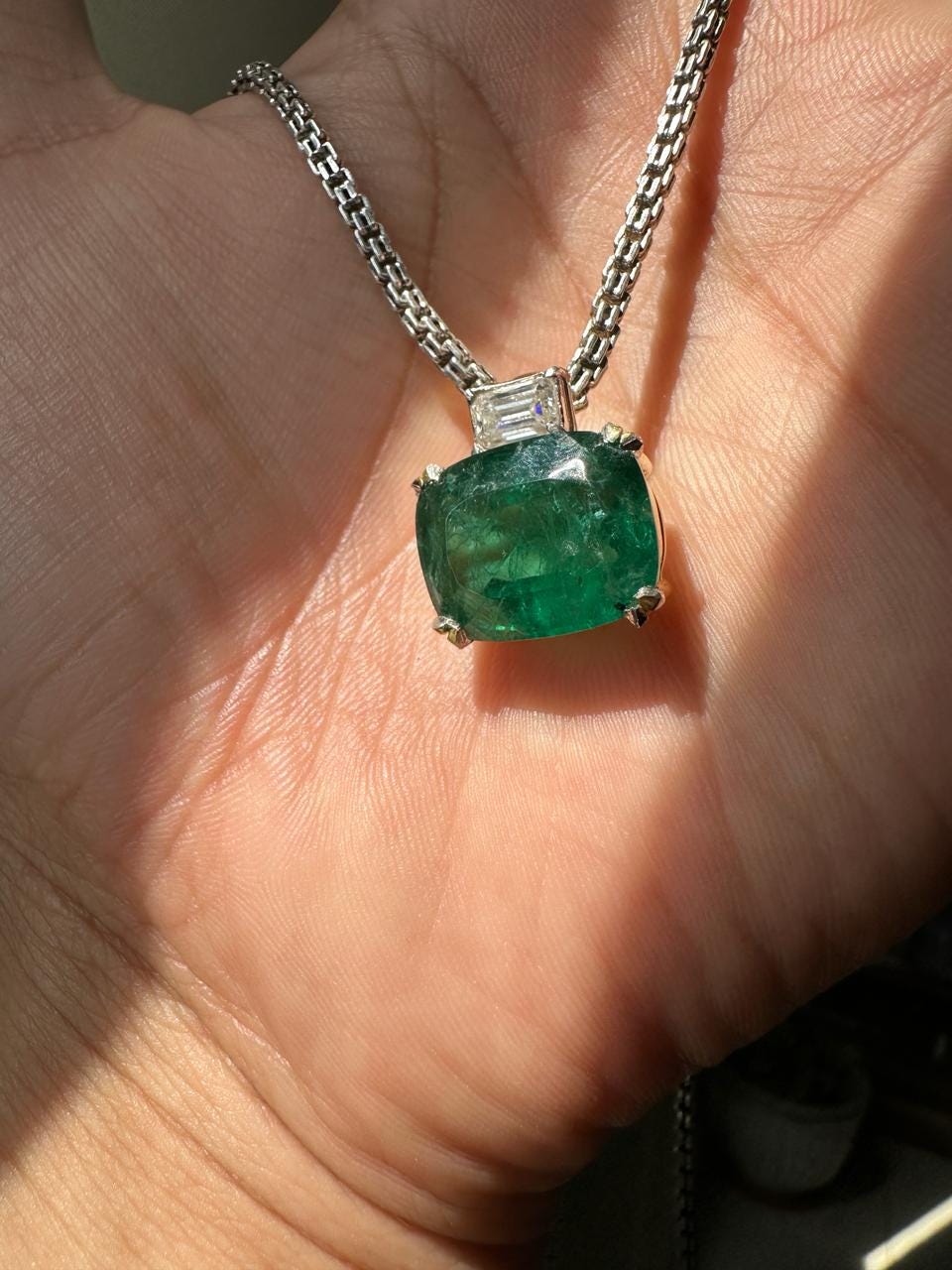 15 CT Emerald Pendant Necklace | 14K Gold Cushion Cut Moissanite Statement Jewelry
