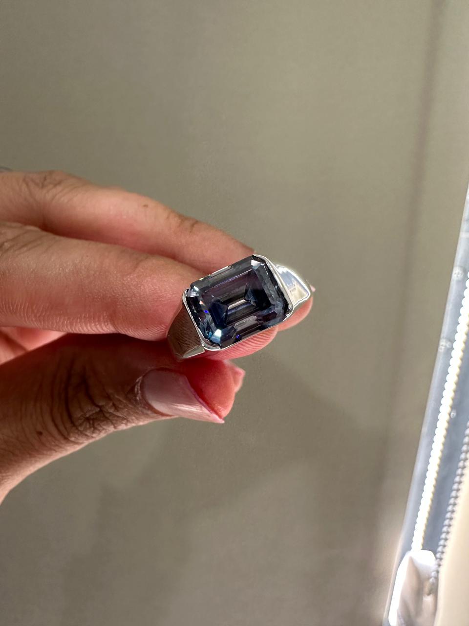 Men's Moissanite Ring | 14K White Gold | Color Changing Emerald Cut Blue Gemstone