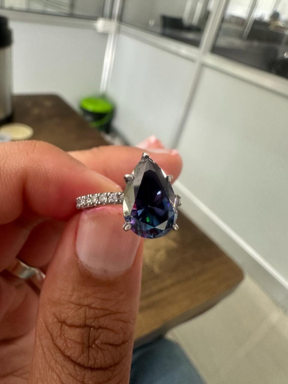 3 CT Pear Cut Blue Moissanite Engagement Ring | 14K White Gold Pavé Band